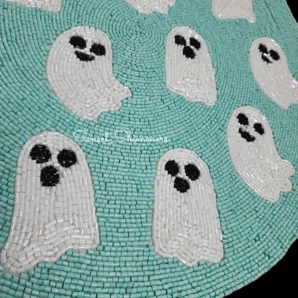 X4 Nicole Miller Halloween Beaded Aqua Sparkly Ghost Placemat Chargers 15